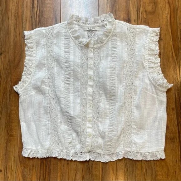 Doen Hallie White Pintuck Lace Ruffle Organic Cotton Blouse - Small - Picture 3 of 9